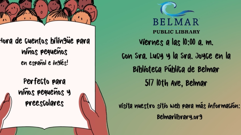 Photo of a child holding a book with text about the storytime event: Bilingual Story time Hora de cuentos bilingüe viernes Fridays 10:00 am