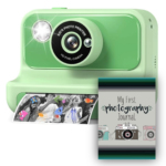 Promo image of a green kids instant camera and a book My First Photography Journal