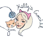 A hand drawn color image of blue yarn framing an orange cat and a blonde woman with cursive script saying Kelly's Crochet