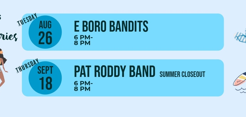 Belmar Public Library Summer Concert Series E Boro Bandit Tuesday August 26th 6-8 pm and Pat Roddy Band Summer closeout Thursday September 18th 6-8 pm Free and open to the public right on the library lawn
