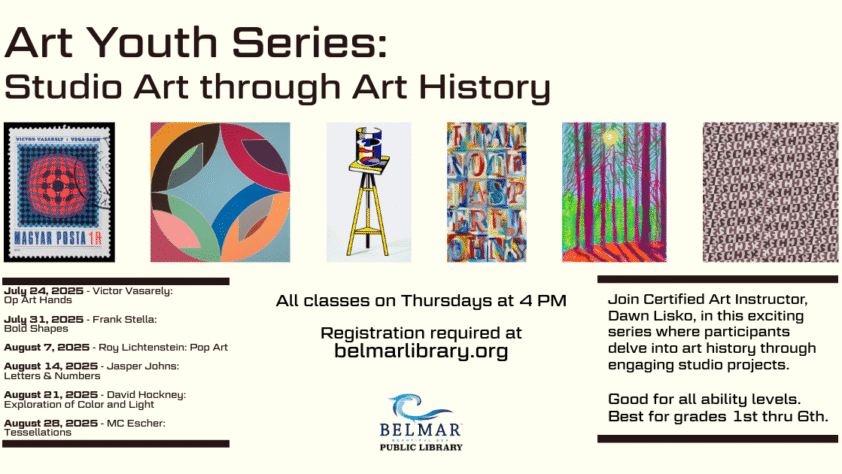 Art Youth Series: Studio Art through Art History Thursdays at 4 PM Belmar Public Library Starting July 24th through August 28th