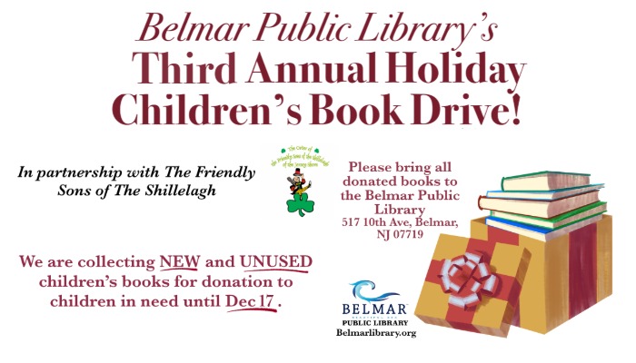 Belmar Public Library Holiday Book drive, bring new and unused book donations to the library through December 17th