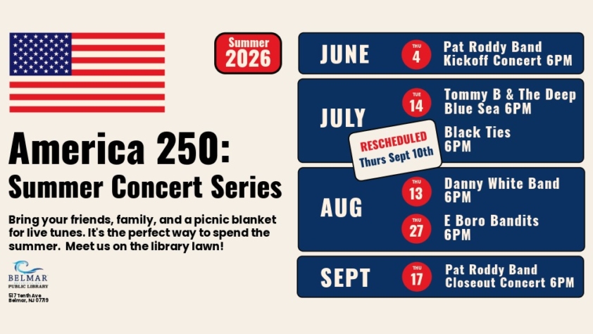 American flag icon with text America 250 Summer Concert Series On the lawn at Belmar Public Library.