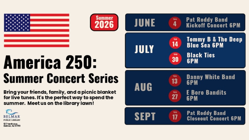 American flag icon with text America 250 Summer Concert Series On the lawn at Belmar Public Library.