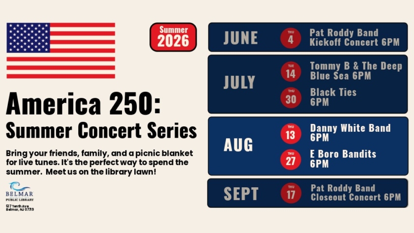 American flag icon with text America 250 Summer Concert Series On the lawn at Belmar Public Library.