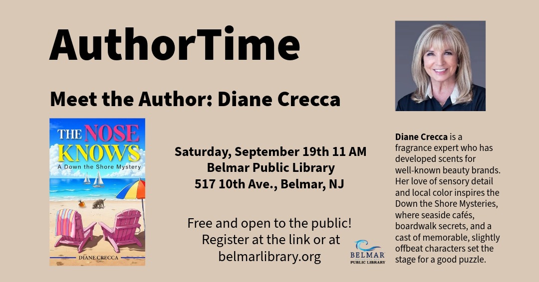 AuthorTime Diane Crecca Saturday, September 19th 11 AM at Belmar Public Library
