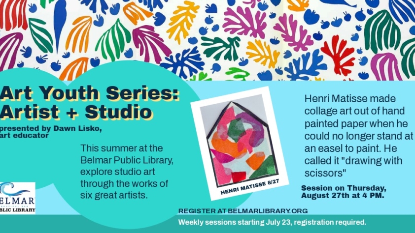 Art Youth Series: Artist + Studio Henri Matisse. Thursday, August 27th, 4 pm, registration behind the link.