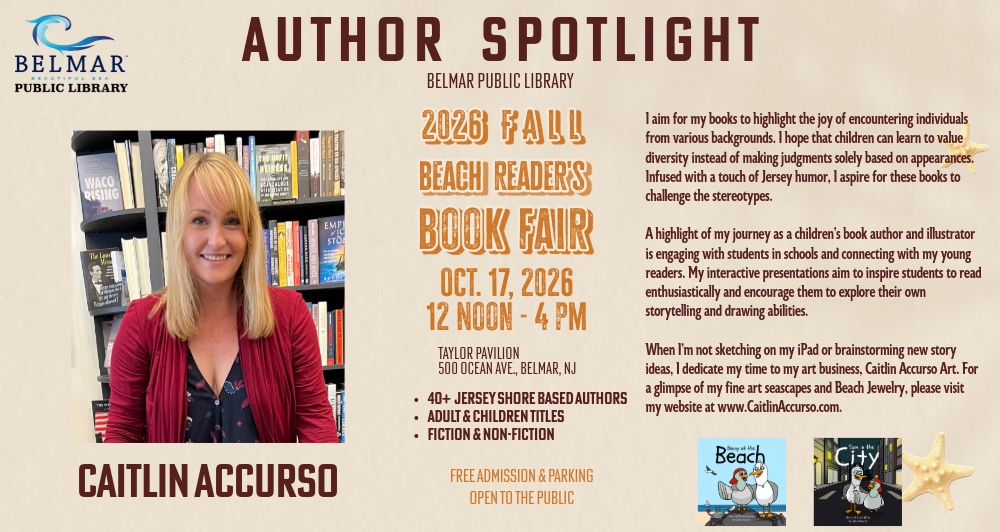 Author Spotlight promotional image for Caitlin Accurso including event details for “Beach Readers Book Fair” on Oct 17, 2026 (noon–4:00 PM) and a brief author biography with book covers.