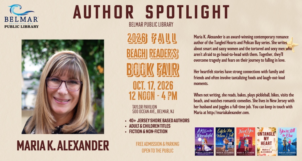Author Spotlight promotional image for Maria K. Alexander, including event details for “Beach Book Fair” on Oct 17, 2026 (10:00 AM–4:00 PM) and a brief author biography with book covers.