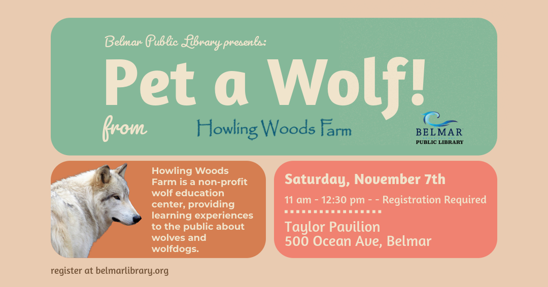 Pet a wolf from Howling Woods Farm, Saturday, November 7th. 11 am - 12:30 pm. Taylor Pavilion, 500 Ocean Avenue Belmar NJ