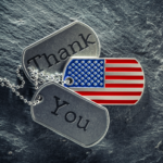 graphic with three military dog tags, with "thank" and "you" and a third tag with an American Flag against a